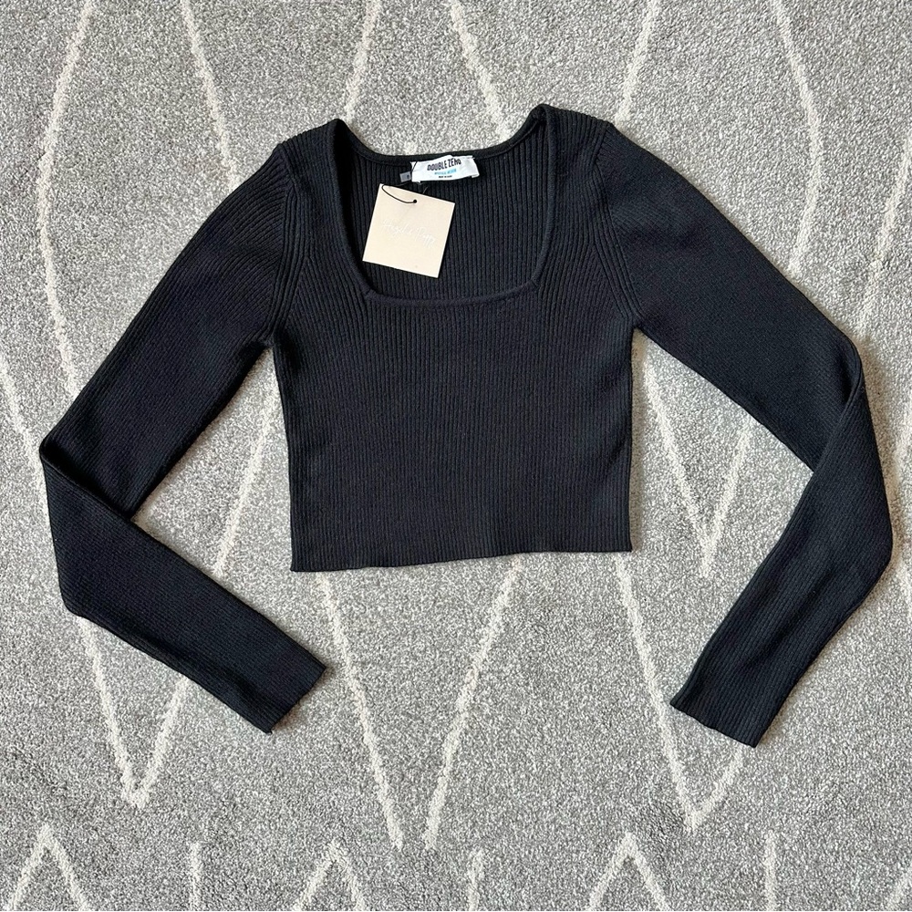 Double Zero Black Ribbed Square Neck Cropped Sweater